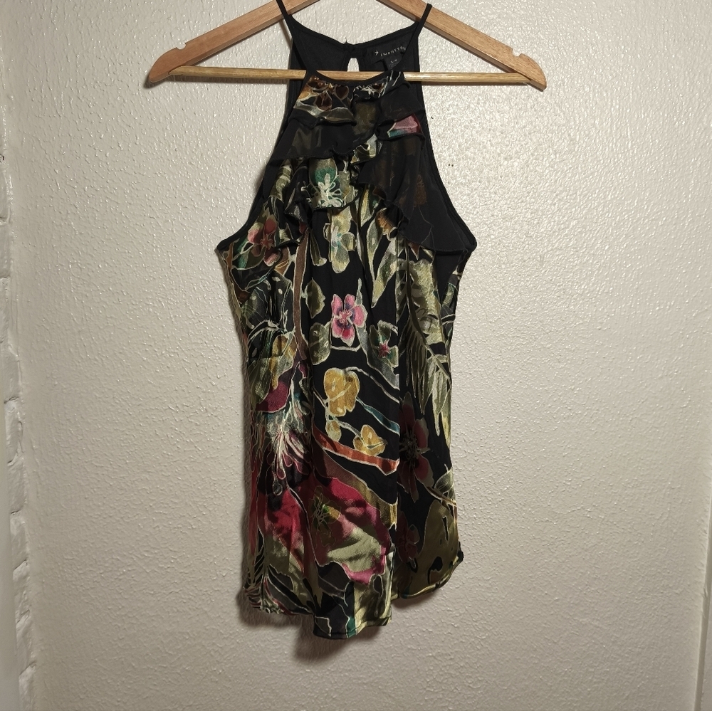 y2k Forever 21 Halter Ruffle Silk Burnout Floral Blouse sz M Black Glam Lux Fem